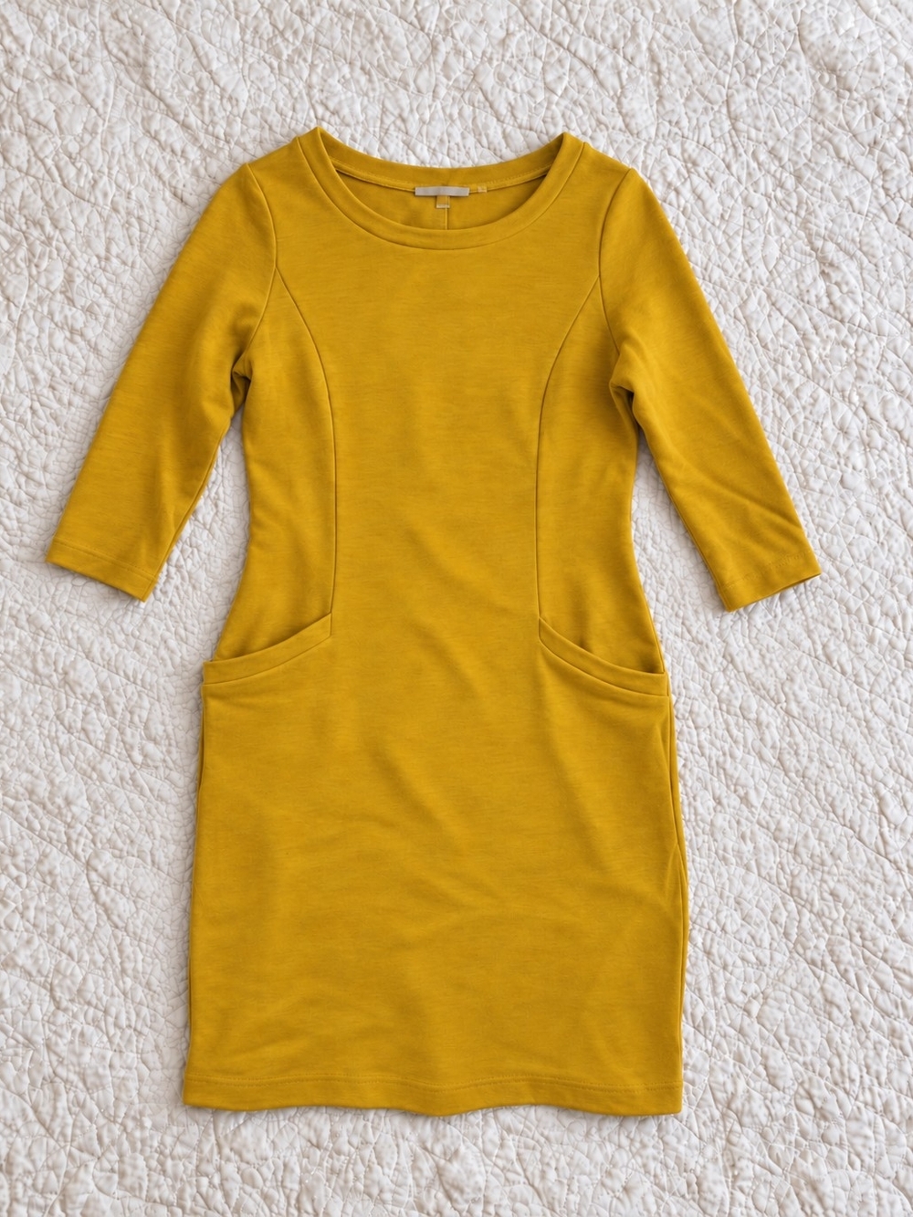 Boden Bronte Ottoman Mustard Yellow Sheath Dress with 3/4 Sleeves